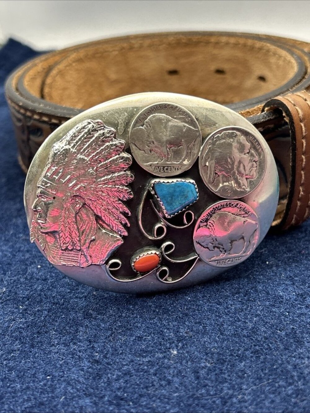 Navajo Buffalo Nickels Turquoise Coral Buckle & Leather Belt 38/95 Artist Signed